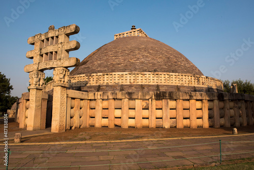 Sanchi / India 18 October 2017  The Western Gateway of Great Stupa Buddhist Architecture at sanchi Madhya Pradesh India photo