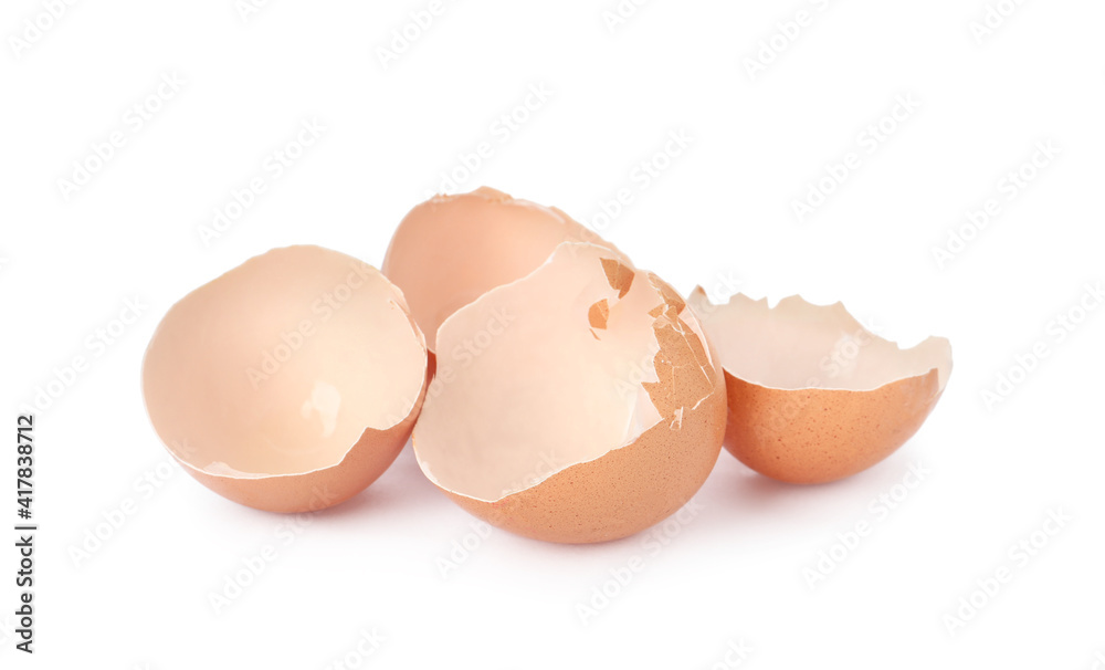 Egg shells on white background. Composting of organic waste Egg shells on white background. Composting of organic waste