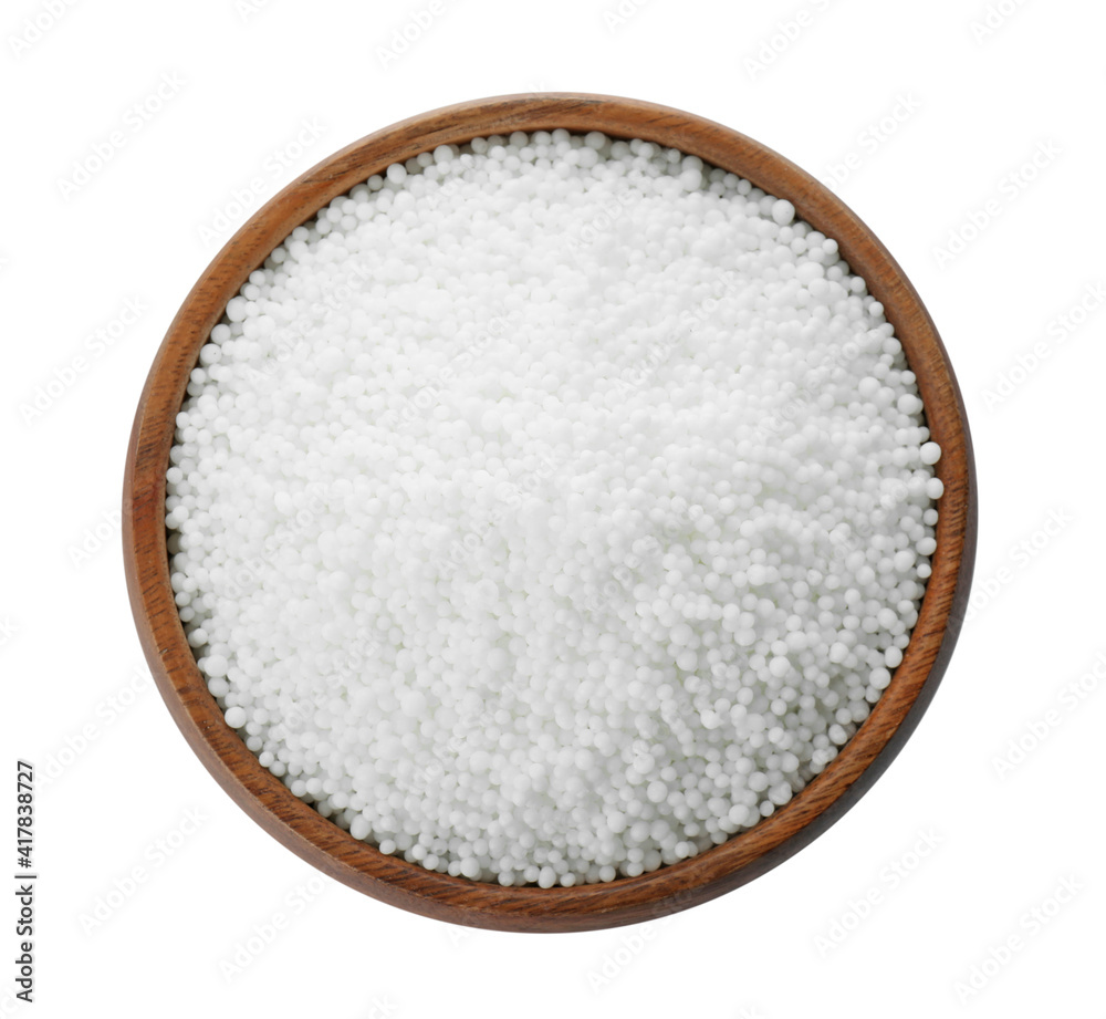Pellets of ammonium nitrate in bowl isolated on white, top view. Mineral fertilizer Pellets of ammonium nitrate in bowl isolated on white, top view. Mineral fertilizer
