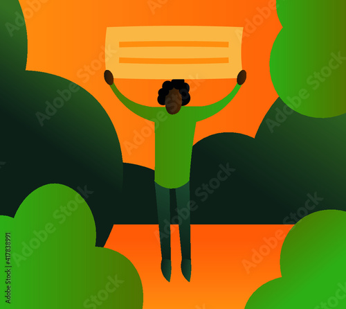 protester with a single protest action a black man stands with a placard. racism concept, vector Illustration. Black lives matter. BLM.
