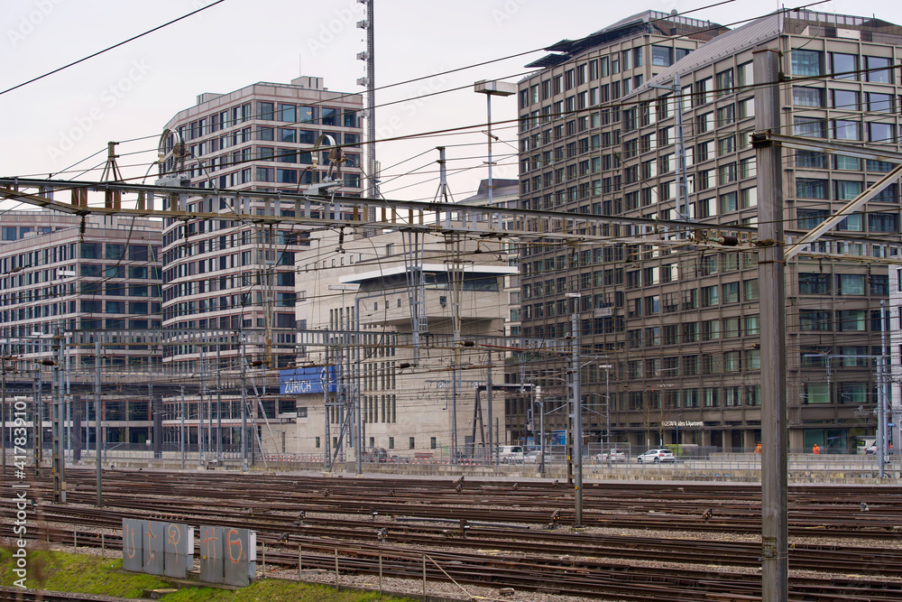 Railway main station HB with control tower and station sign of Zurich. Photo taken March 3rd, 2021, Zurich, Switzerland. Railway main station HB with control tower and station sign of Zurich. Photo taken March 3rd, 2021, Zurich, Switzerland.