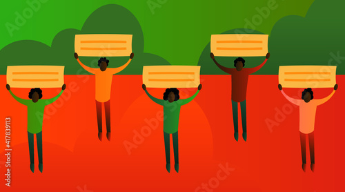 several Black African American protesters stand with placards. racism concept, vector Illustration. Black lives matter. BLM.