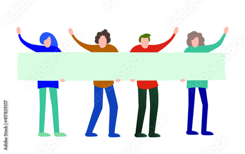 Protest in the world. People crowd holding blank banner, manifesting activists. Street demonstration vector concept. Illustration of placard protester, political revolution, demonstrate
