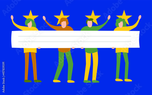 Protest in Europe, EU. People crowd holding blank banner, manifesting activists. Street demonstration vector concept. Illustration of placard protester, political revolution, demonstrate