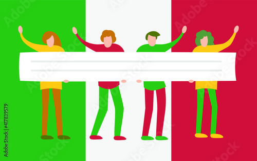 Protest in Europe, Italy. People crowd holding blank banner, manifesting activists. Street demonstration vector concept. Illustration of placard protester, political revolution, demonstrate
