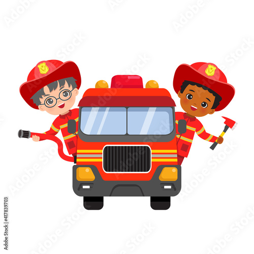 Cute fire fighter boys riding fire truck with hose and axe. Flat vector cartoon isolated.