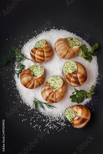 Snails in green butter sauce served on salt
