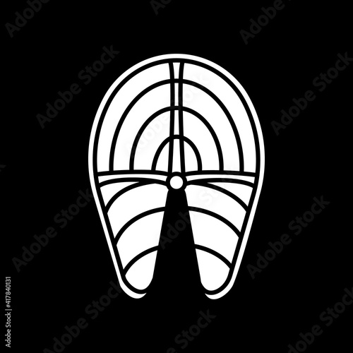 Fish cut out dark mode glyph icon. Tuna steak for cooking. Salmon fillet. Cookery ingredient, food preparation. White silhouette symbol on black space. Vector isolated illustration
