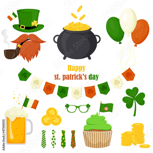 St. Patrick's Day vector icons set isolated on a white background. Flat style, cartoon style elements: pot of gold, balls, pipe, cake, coins, beer, flag, tie, shamrock