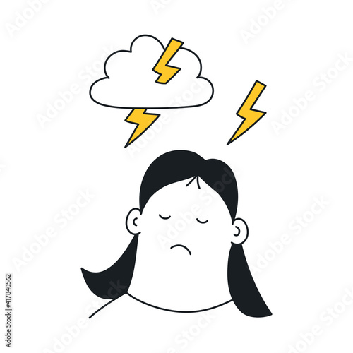 Emotional stress, depressed female character and a cloud with lightning above their head, mental health issues. Flat thin outline vector illustration on white background.