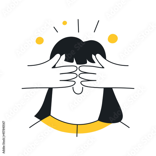 Surprise, waiting for something good with closed eyes. Waiting for a gift, something pleasant and unexpected. Flat thin line vector illustration on white.