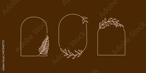 set of floral oval frame line art illustration for copy space and quotes. laurel wreath border branches design ornament. hand drawn vector element collection.