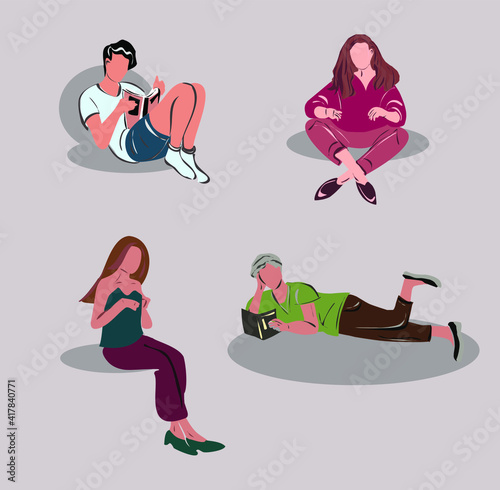 Vector images of people reading books, working on a laptop, looking for information on the Internet. Education, reading, working from home, freelancing. Isolated vector images.