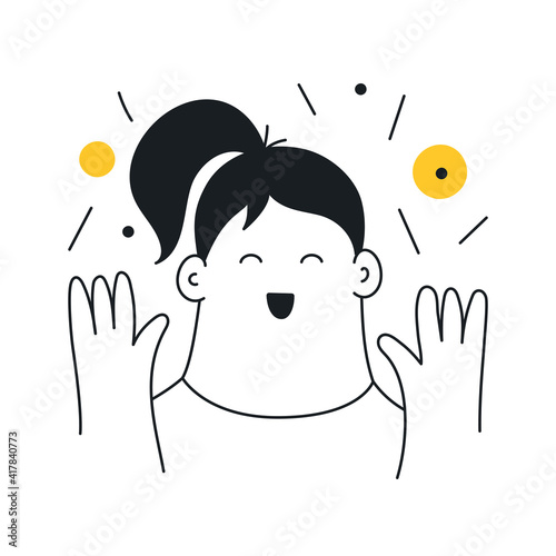 Happiness, delight, happy girl face. Cheerful cartoon lady in a great mood. Thin line vector illustration on white background.