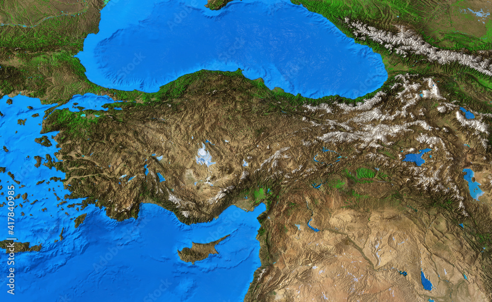 Fototapeta Mapa fizyczna Turcji. Szczegółowy płaski widok planety Ziemi i jej ukształtowania terenu. Ilustracja 3D - Elementy tego obrazu dostarczone przez NASA