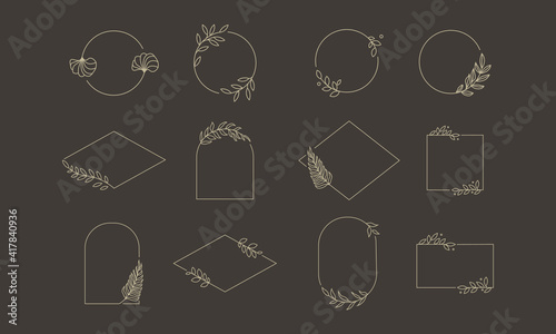 set of floral frame line art illustration for copy space and quotes. laurel wreath border branches design ornament. hand drawn vector element collection.