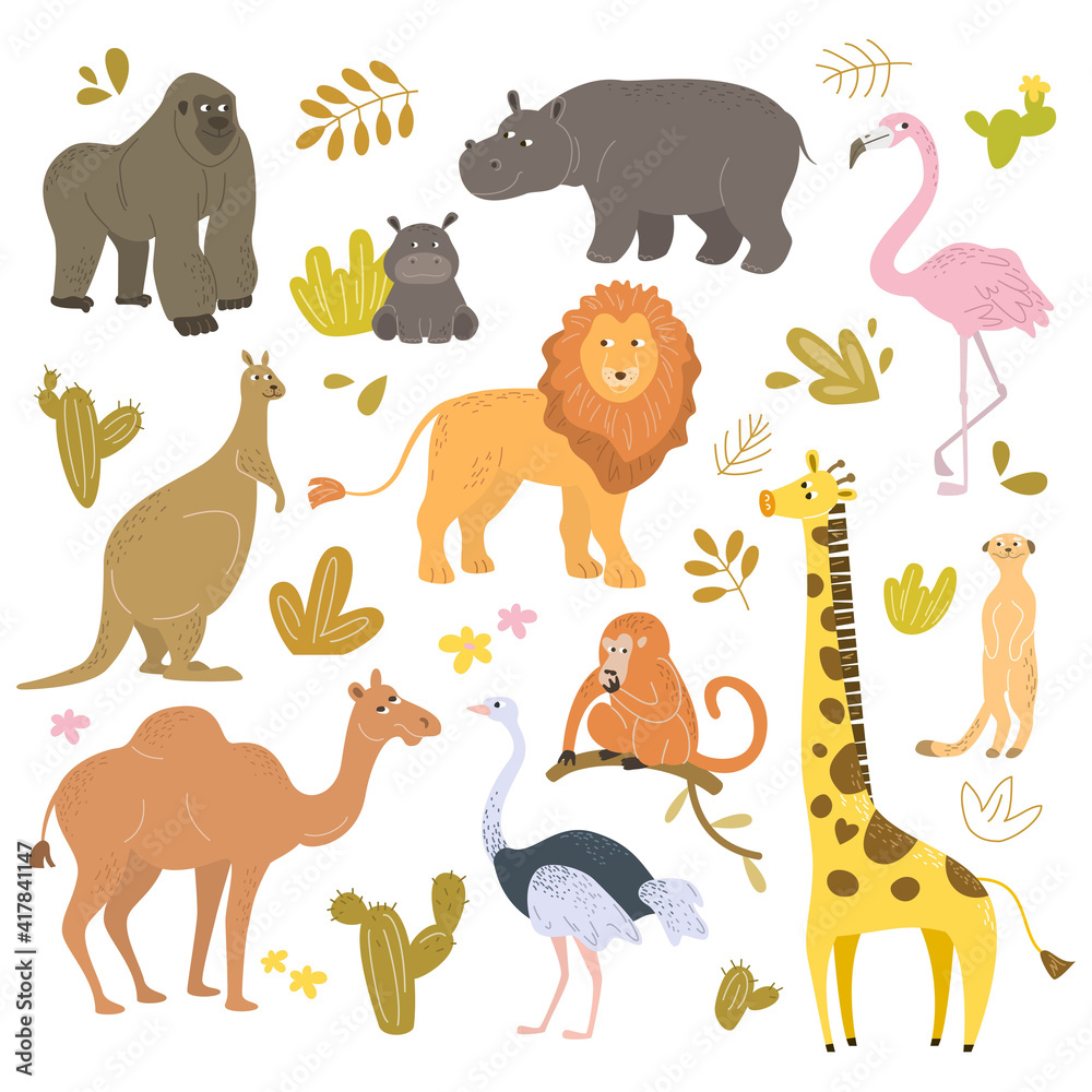 Set of cartoon cute animals from Africa. Set of cartoon cute animals from Africa.