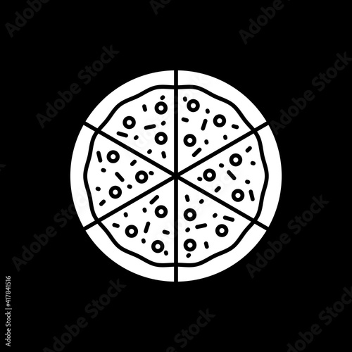 Cut slices of pizza dark mode glyph icon. Fast food delivery. Pizzeria take out. Italian cuisine. Unhealthy meal. White silhouette symbol on black space. Vector isolated illustration