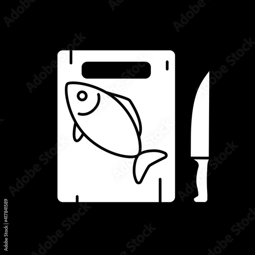 Fish on cutting board dark mode glyph icon. Salmon preparation. Fresh codfish. Prepare cafe dinner. Cook tuna. Home cookery. White silhouette symbol on black space. Vector isolated illustration