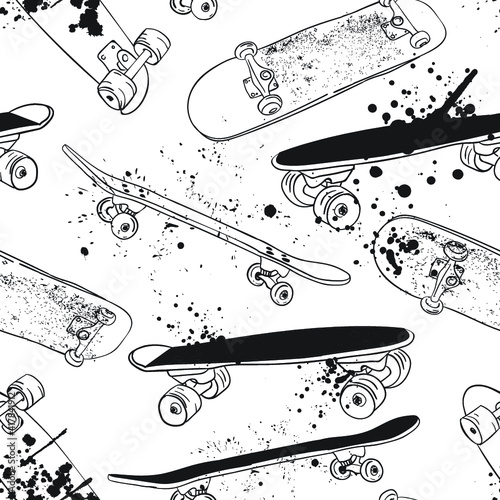 skateboard pattern. Seamless bright abstract pattern with skateboard. Prints for T-shirts, textiles, clothes, sports, and more