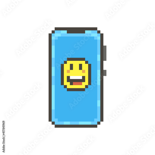 colorful simple flat pixel art illustration of modern smartphone with a cheerful emoji on the screen