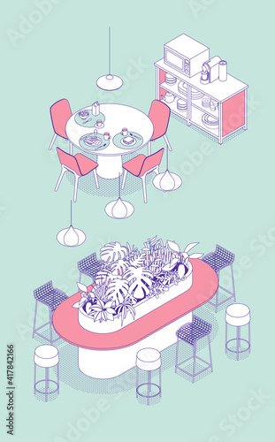 Isometric dining room, bar, restaurant, work place, cafeteria. Vector illustration in flat design, isolated. Outlined, linear style.