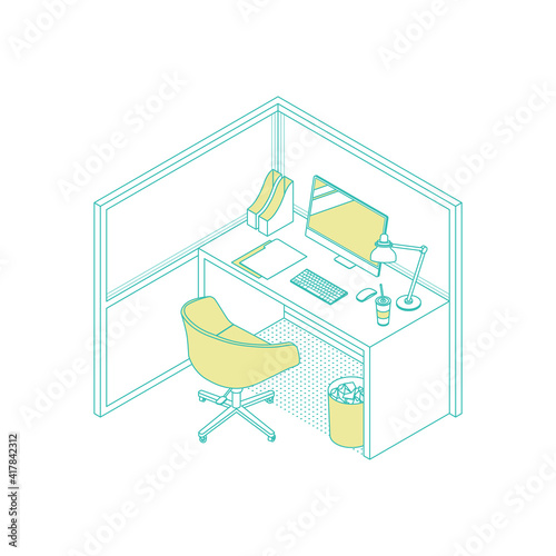 Modern isometric office cubicle on white. Vector illustration in flat design, isolated. Outlined, linear style.