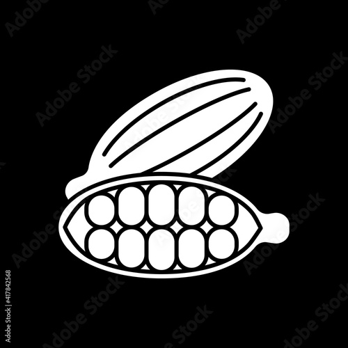 Cocoa beans dark mode glyph icon. Chocolate production. Cosmetic ingredient. Coco beans. Nutrient food and foodstuff. White silhouette symbol on black space. Vector isolated illustration