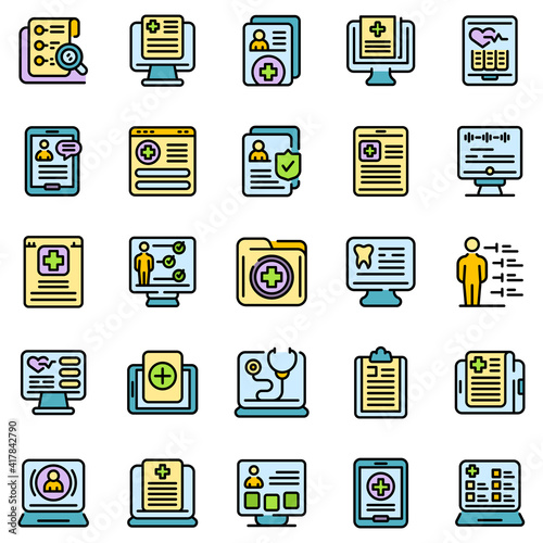 Electronic patient card icons set. Outline set of electronic patient card vector icons thin line color flat on white