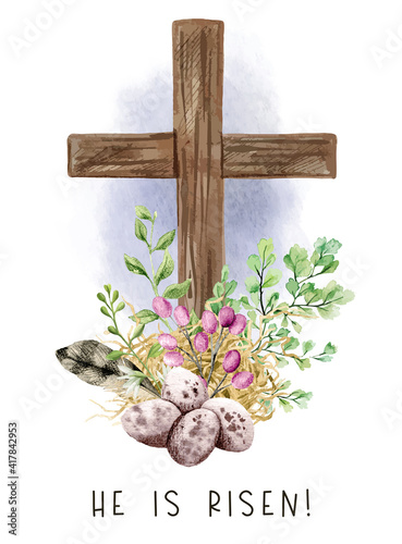 Easter christian cross with green ferns, eggs and feather,