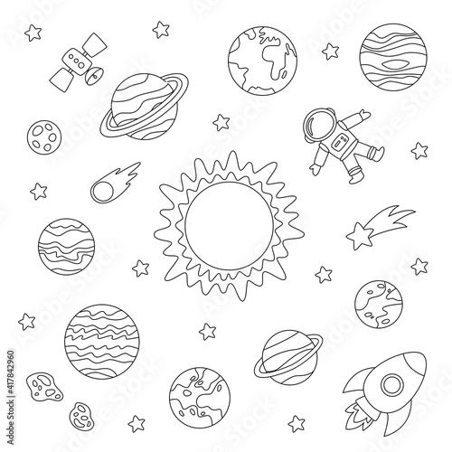 Color solar system planets and astronaut. Coloring sheet for kids.
