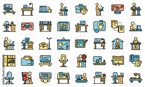 Ergonomic workplace icons set. Outline set of ergonomic workplace vector icons thin line color flat on white