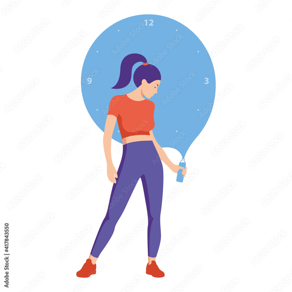 Athletic girl holding a bottle of water in her hands. Drinking regime. Flat design. Vector illustration