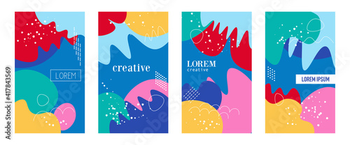Vector set of abstract creative backgrounds in modern minimal trendy style with sample text - design templates for social media stories, business presentations, flyers, posters, banner, brochure. 