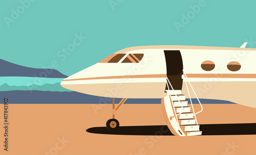 Business jet with an open passenger door and a ramp on the take-off field. Vector flat style illustration.