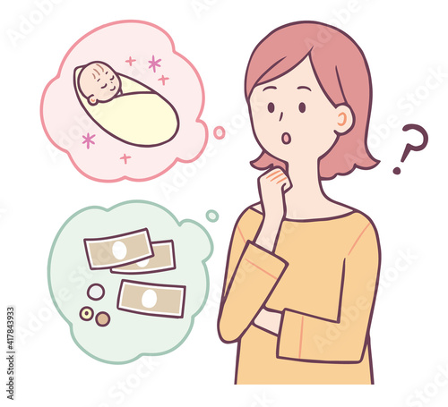 赤ちゃん　お金　考える女性