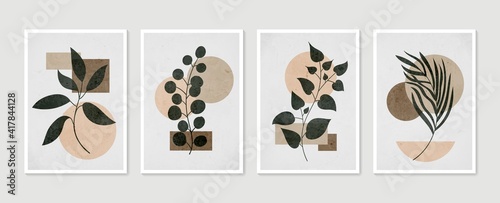 Botanical wall art vector set. Minimal and natural wall art. Boho foliage line art drawing with abstract shape. Abstract Plant Art design for print, wallpaper, cover. Modern vector illustration.