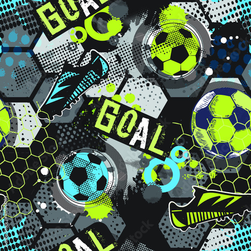 Abstract seamless pattern for boys. Football pattern. Grunge urban pattern with football ball. Sport wallpaper on white background with black and green. Repeated sport pattern.