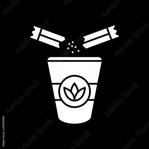 Add sugar to herbal tea dark mode glyph icon. Sweet drink for take away. Beverage take out. Pour sweetener in leaf tea. White silhouette symbol on black space. Vector isolated illustration