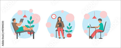 People work at home office vector flat illustration. Freelancer character working from home workplace. Young man and woman freelancers working on laptops.
