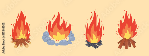 Campfire different types. Vector burning bonfire frames. Camping fire collection. Fireplace with fire coals or woodfire in cartoon style set.