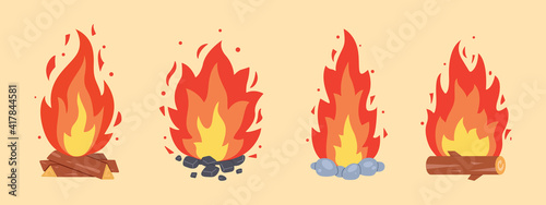 Campfire different types. Vector burning bonfire frames. Camping fire collection. Fireplace with fire coals or woodfire in cartoon style set.
