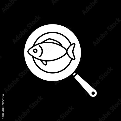 Fish on frying pan dark mode glyph icon. Cooking tuna. Grilling tuna. Roasted salmon. Homemade meal. Cafe cookery. White silhouette symbol on black space. Vector isolated illustration