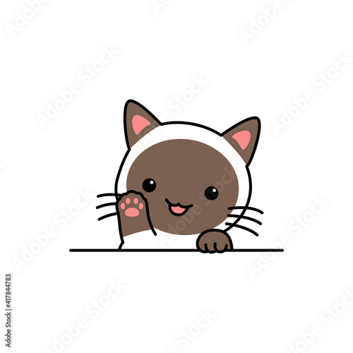 Cute siamese cat waving paw cartoon, vector illustration