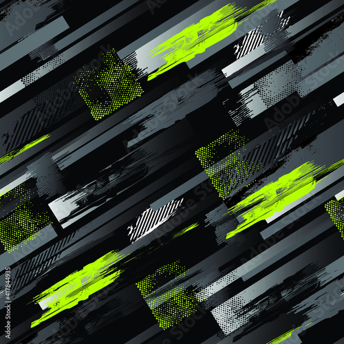 Seamless Grunge geometric pattern for girls, boys, fashion textile, sport clothes. Urban modern design with curved squares, shape, spray paint elements. Chaotic guys repeated monochrome backdrop 