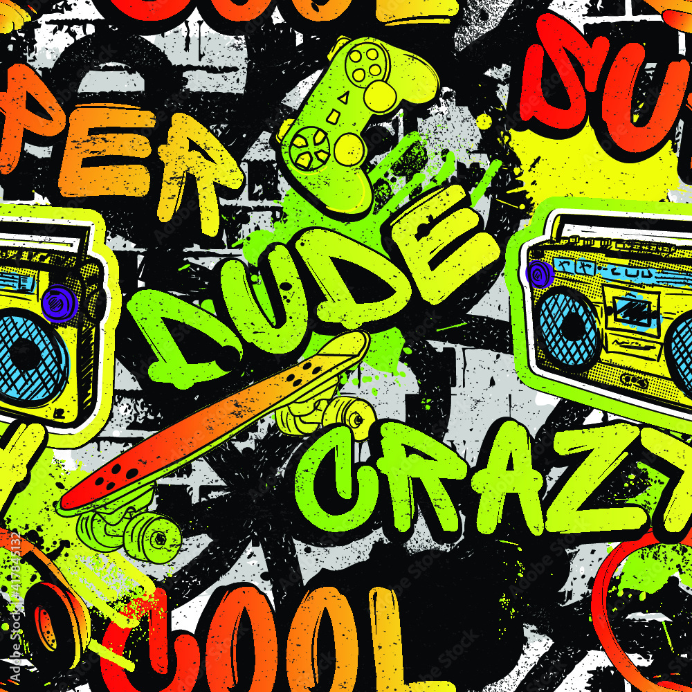 Abstract seamless grunge urban pattern with radio tape recorder,  headphones, text Make some noise drawing in graffiti style. For boys. For  textile, sport wear, graphic tees and more Stock Vector | Adobe