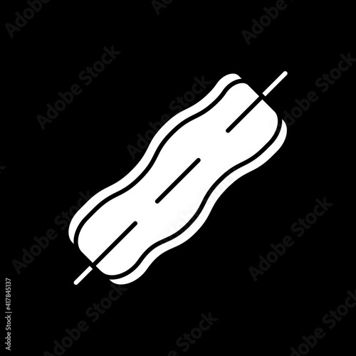 Bacon dark mode glyph icon. Cooked meat on stick. Skewers preparation. Cooking barbecue food. Picnic meal cookery. White silhouette symbol on black space. Vector isolated illustration