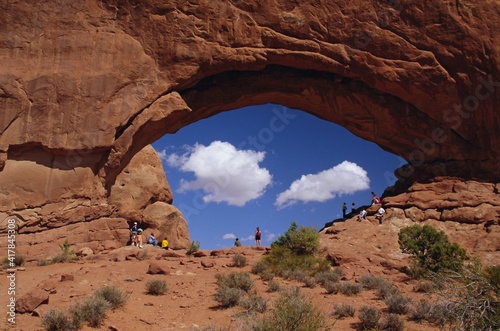 Tourists at North Window, Arches National Park, Utah, USA, North America