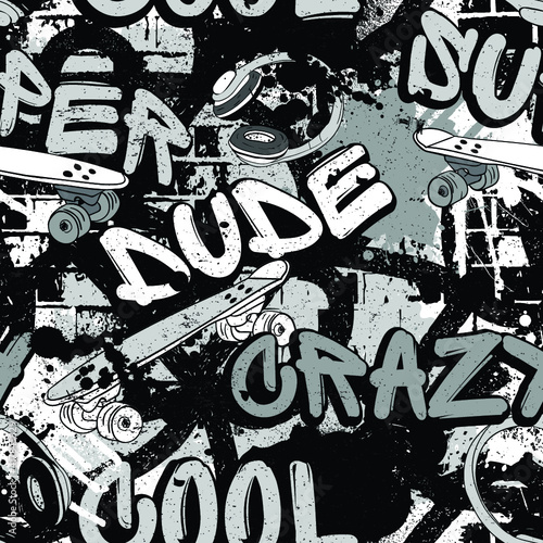 Abstract seamless grunge urban pattern with radio tape recorder  headphones  text Make some noise drawing in graffiti style. For boys. For textile  sport wear  graphic tees and more