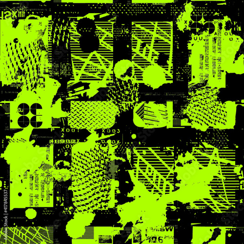 Seamless Grunge geometric pattern for girls, boys, fashion textile, sport clothes. Urban modern design with curved squares, shape, spray paint elements. Chaotic guys repeated monochrome backdrop 